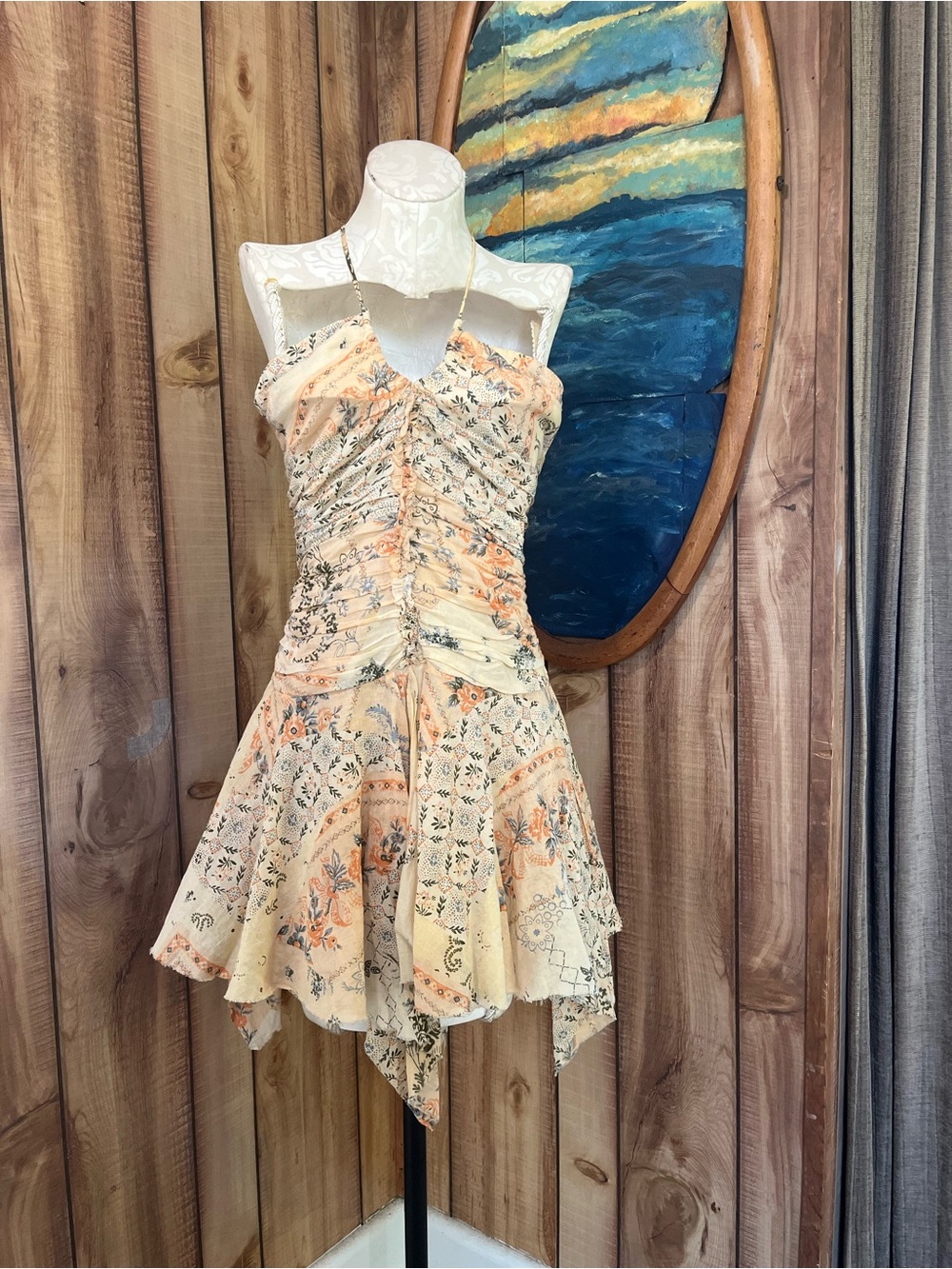 💋 Urban Outfitters Cream and Peach Floral Ruched Handkerchief Mini Dress
